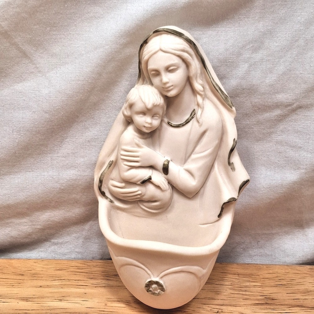 Vintage Holy Water Font Wall Hanging Mary Madonna and Child 5.5" Religious Decor
